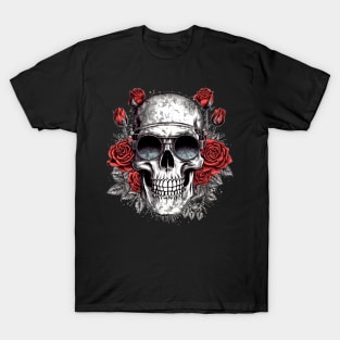 Cool Hipster Skull with Glasses and Roses T-Shirt